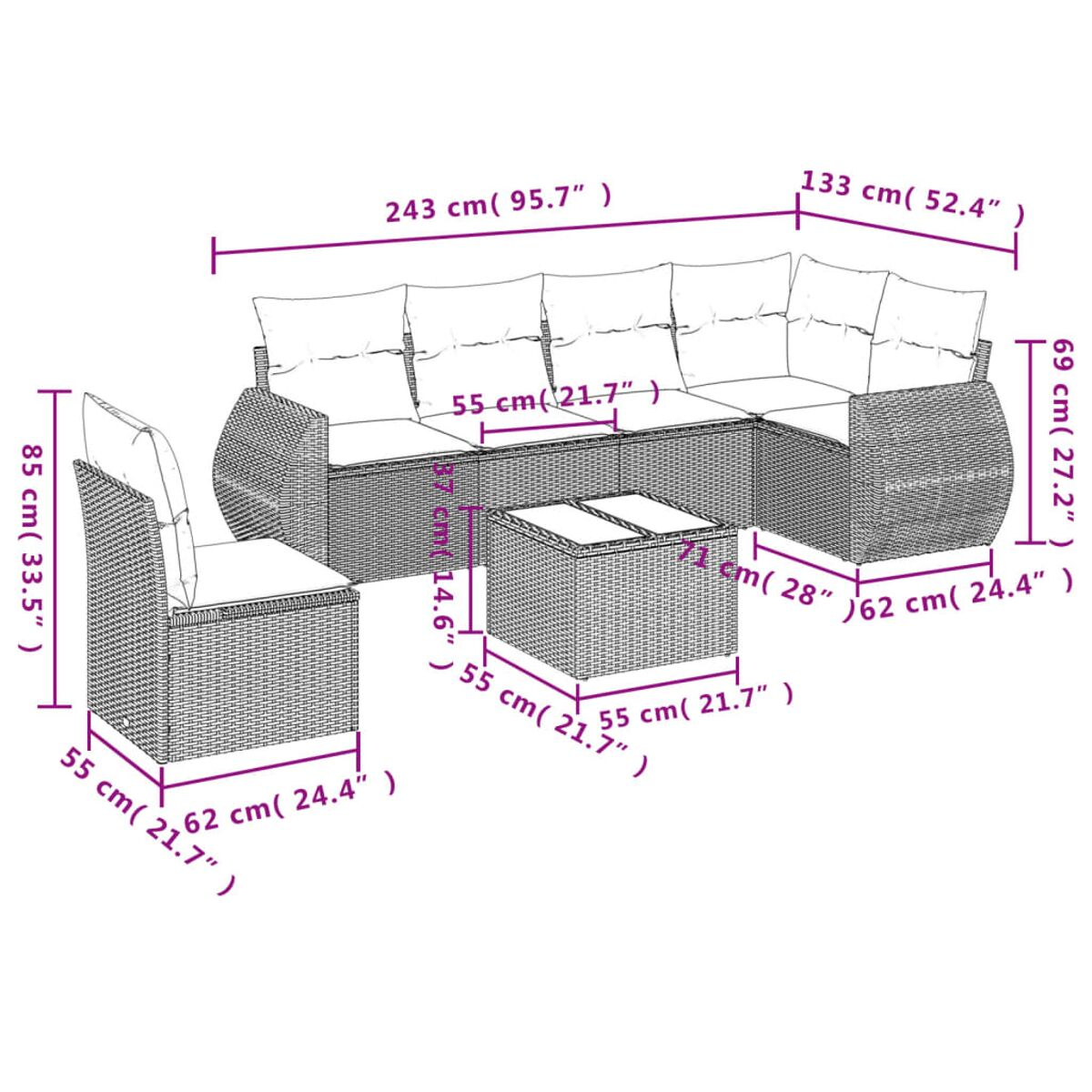 Diagrama de sofá seccional con dimensiones. Fondo blanco, con líneas y texto negros.