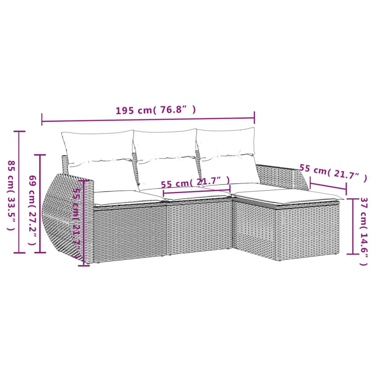 Diagramm mit Maßen eines Korbmöbelsets, das Abmessungen in cm und Zoll zeigt.