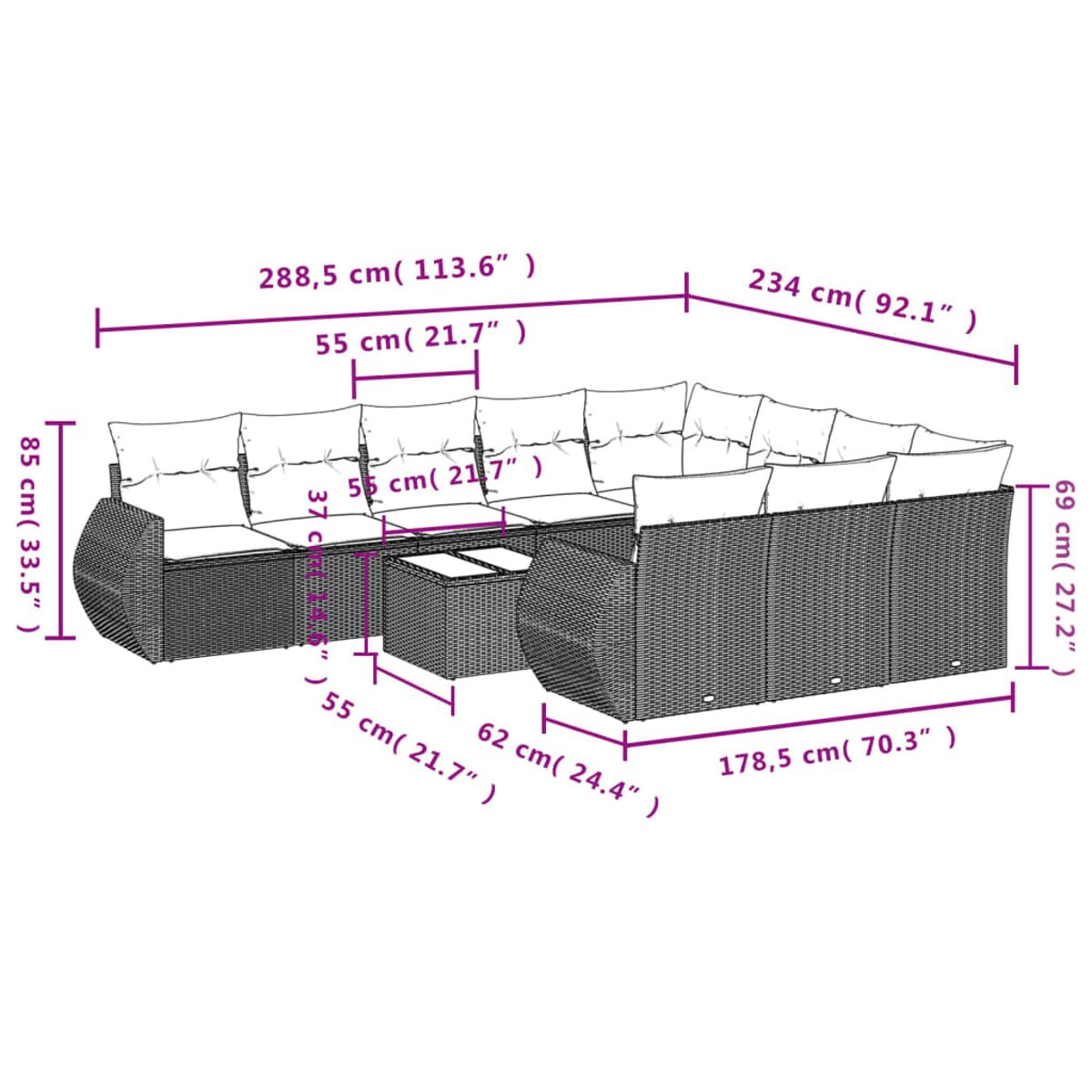 Diagramm eines Outdoor-Ecksofas mit Abmessungen in cm und Zoll.