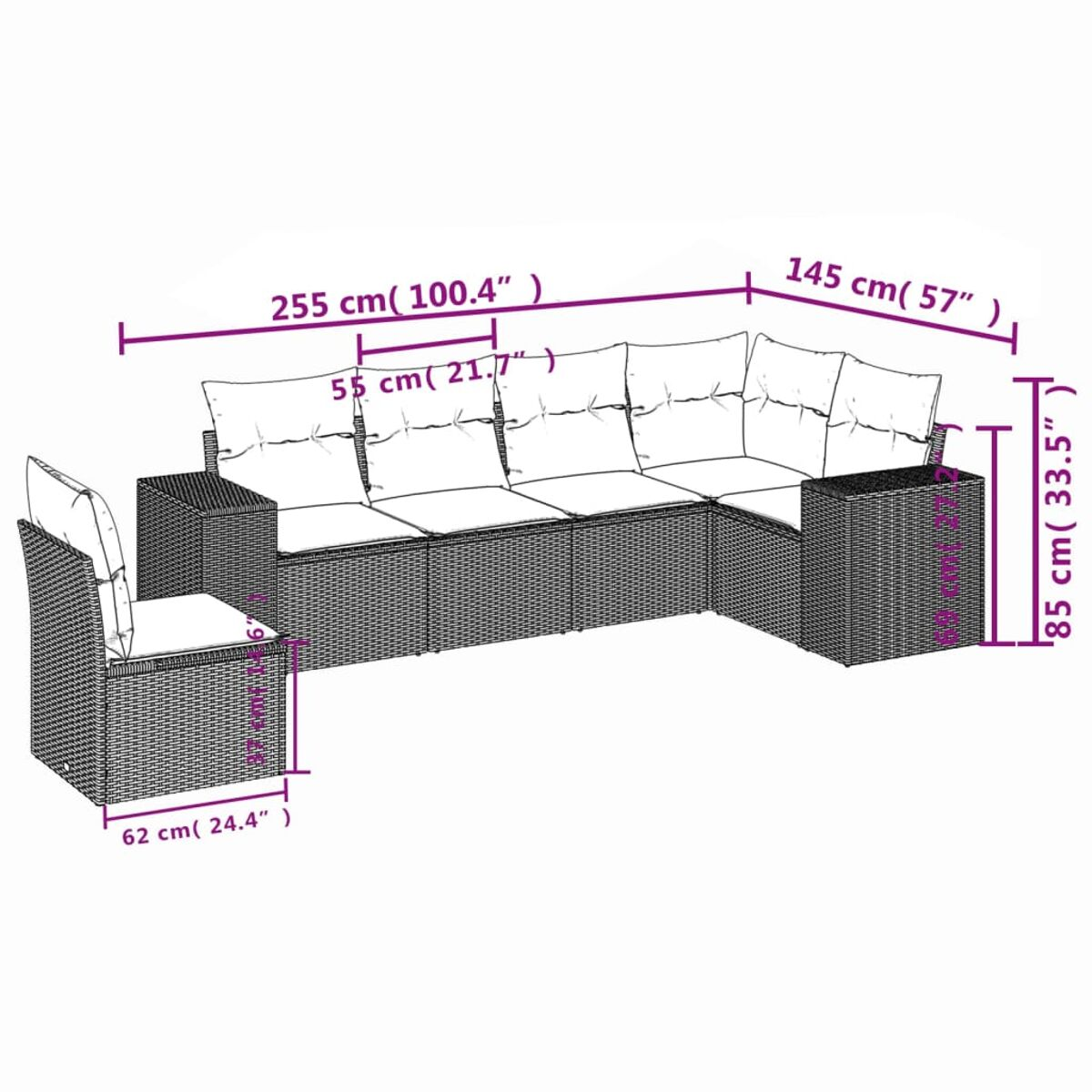 Geflochtenes Ecksofa mit Kissen, Maße markiert. Es hat einen Beistelltisch. Weißer Hintergrund.