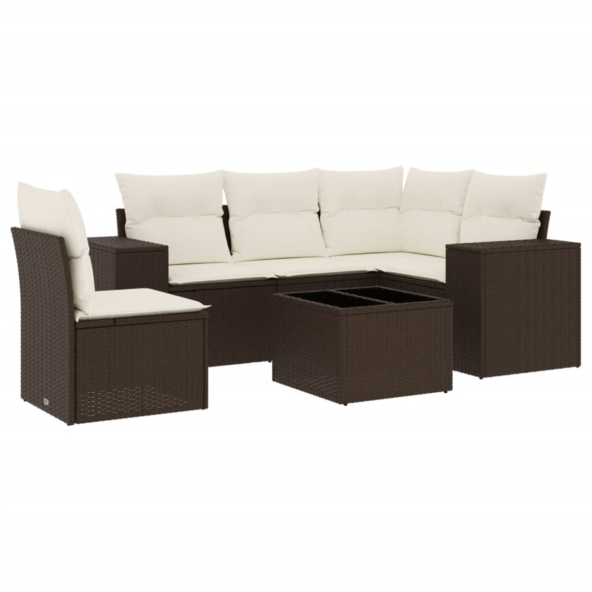 Set da esterno intrecciato marrone con divano angolare, sedia e tavolino quadrato.