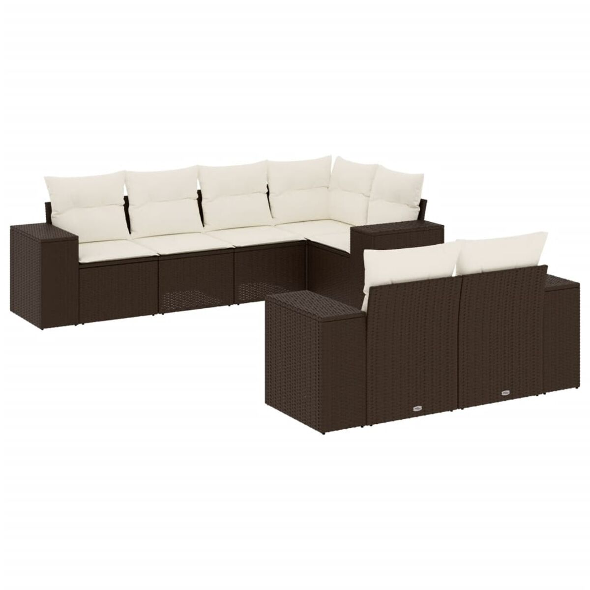 Divano angolare in vimini marrone con cuscini color crema. Include un pezzo angolare separato.