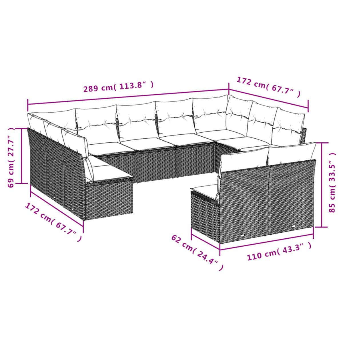 Diagramm mit den Abmessungen eines beigen Korbsessel-Sofas. Maße in cm und Zoll sind auf dem Diagramm beschriftet.