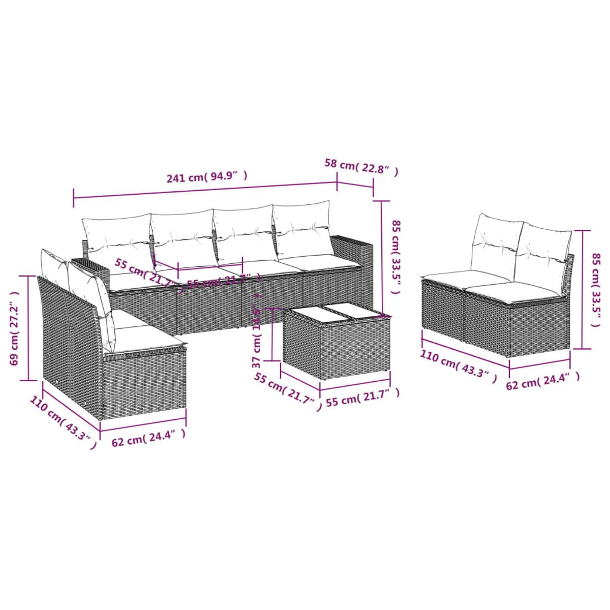 Ein Diagramm eines Ecksofas mit Abmessungen in Zentimetern und Zoll.