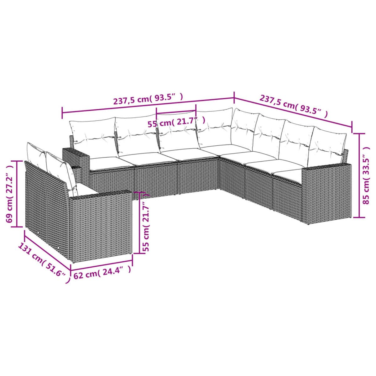 Diagramm eines Ecksofas mit Abmessungen. Das Sofa ist aus Korbgeflecht mit Kissen und wird in Zentimetern und Zoll gemessen.