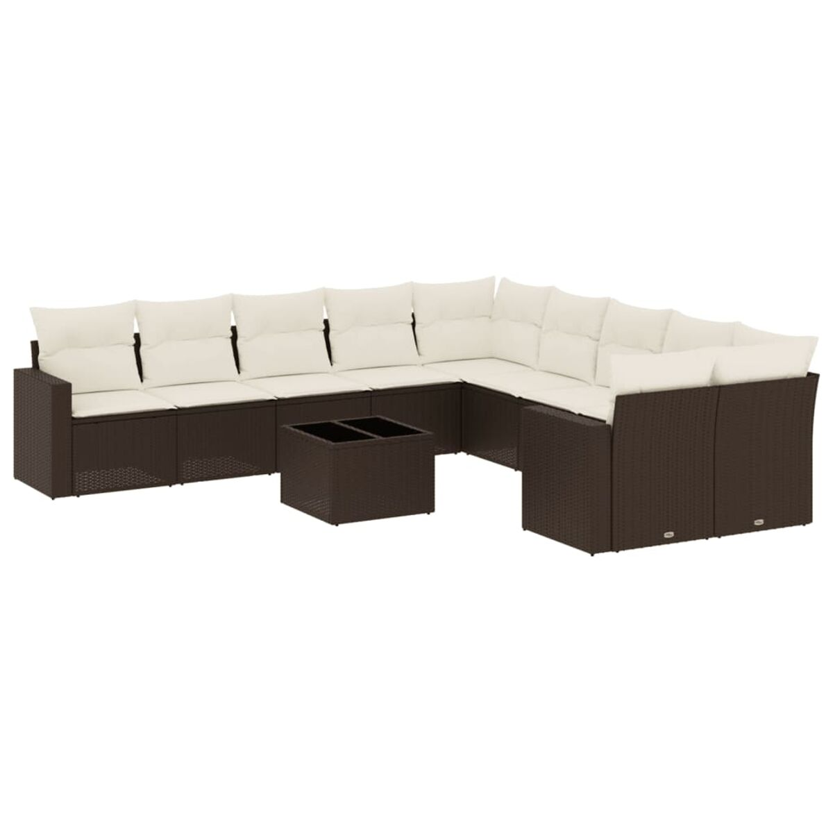 Set di divani in vimini marrone con cuscini e tavolo. Sfondo bianco.