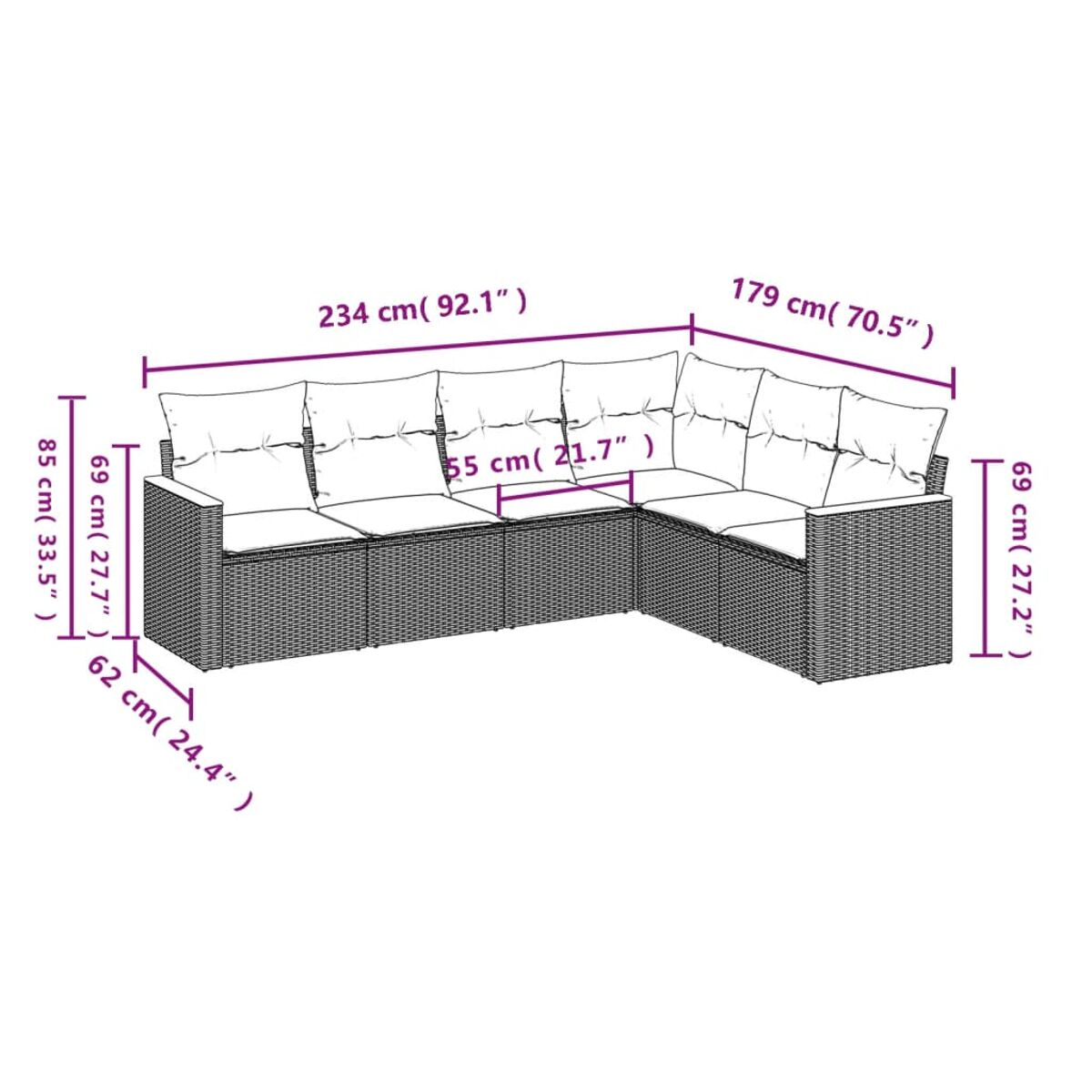 Diagramm eines Ecksofas mit Abmessungen. Weißer Hintergrund, mit schwarzen Linien und Text.