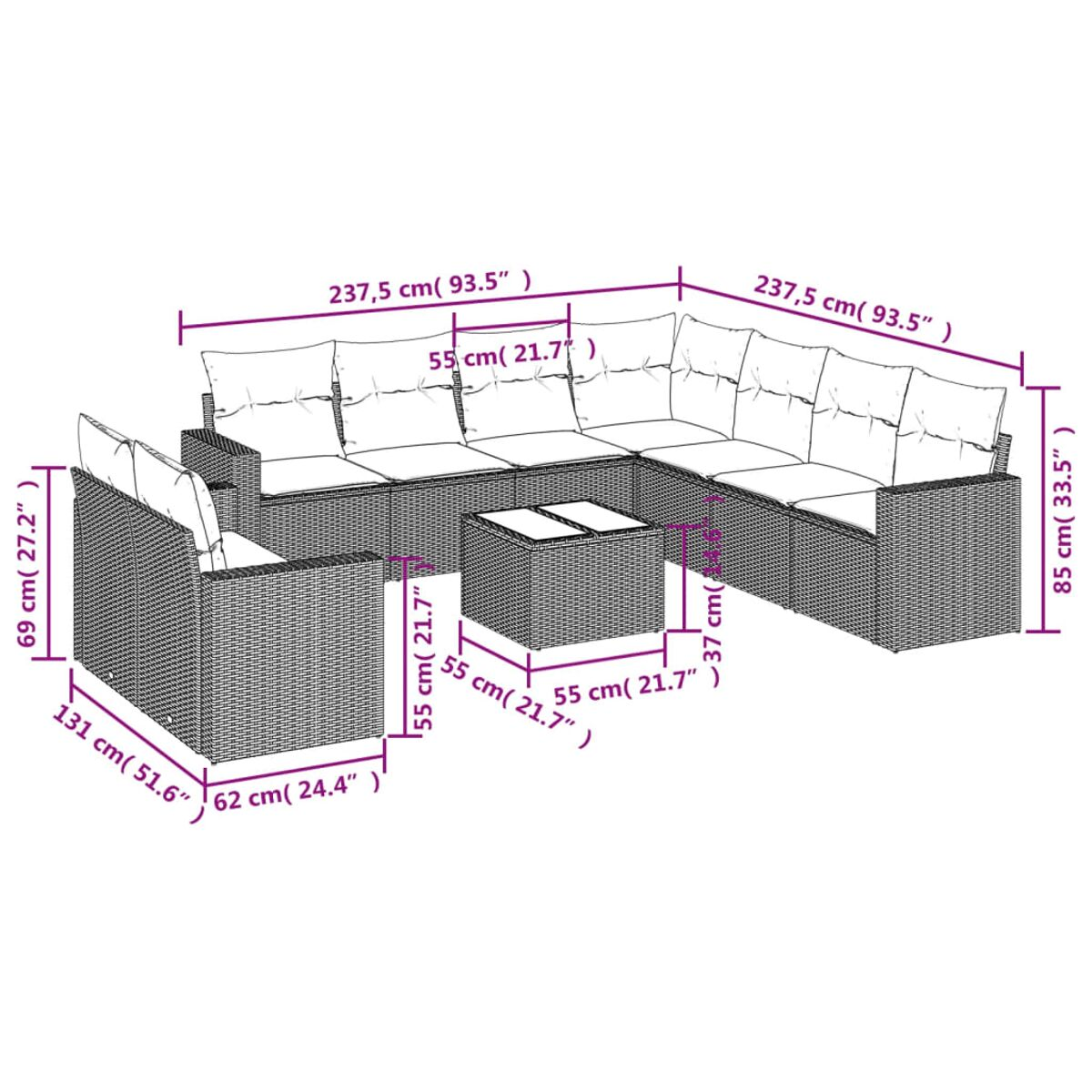 Diagramma di un divano angolare in rattan con dimensioni in centimetri e pollici.