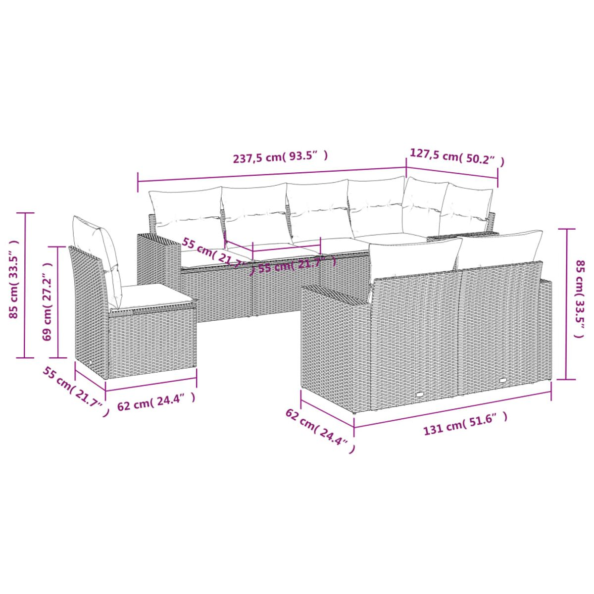 Diagramm eines beigen Rattan-Gartenmöbel-Sets mit Abmessungen, einschließlich Länge, Breite und Höhe.