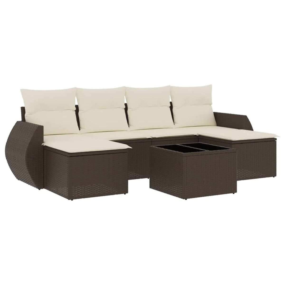 Divano angolare in rattan marrone con cuscini color crema e tavolino nero.