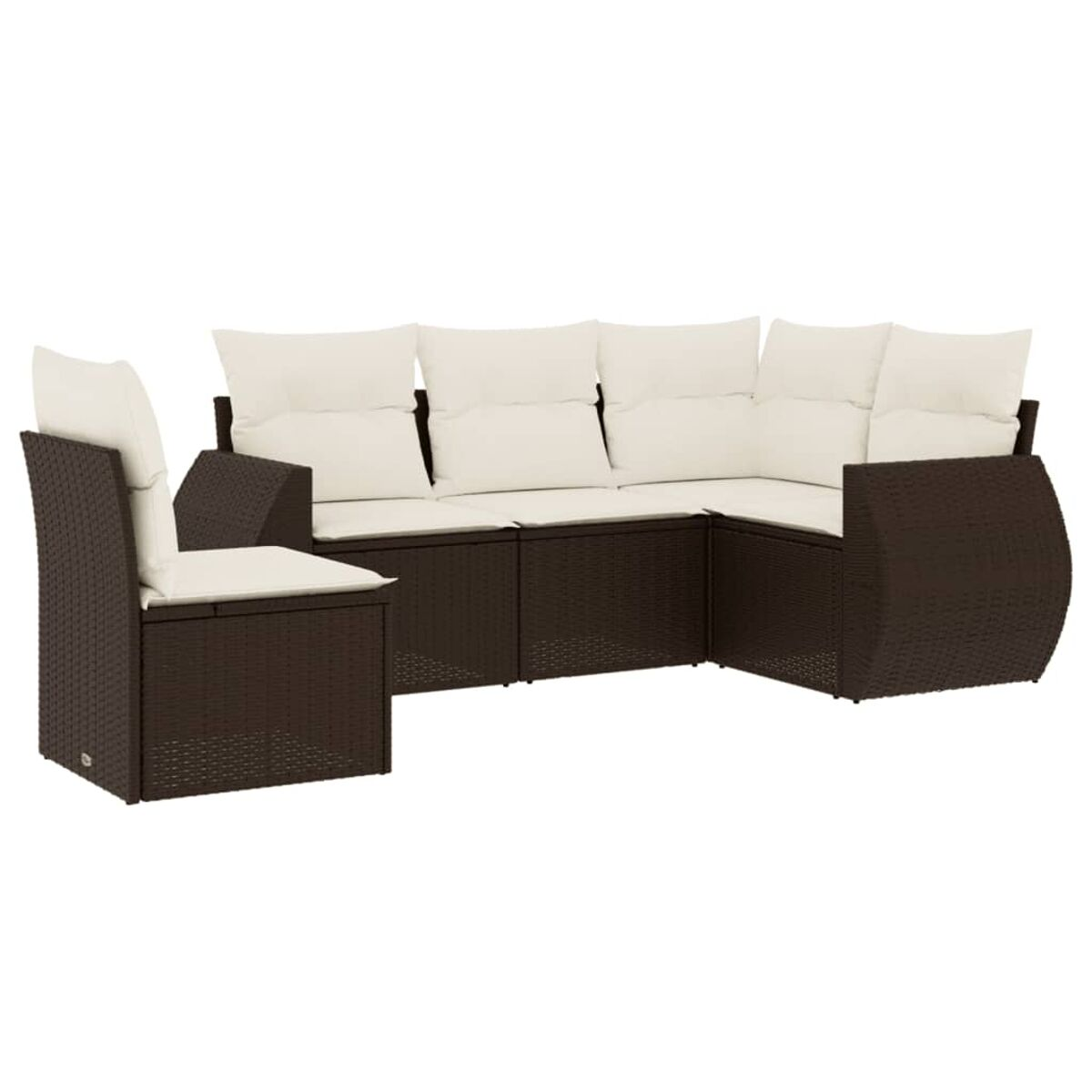 Set patio in vimini marrone scuro con cuscini crema. Include divano angolare e poltrona.