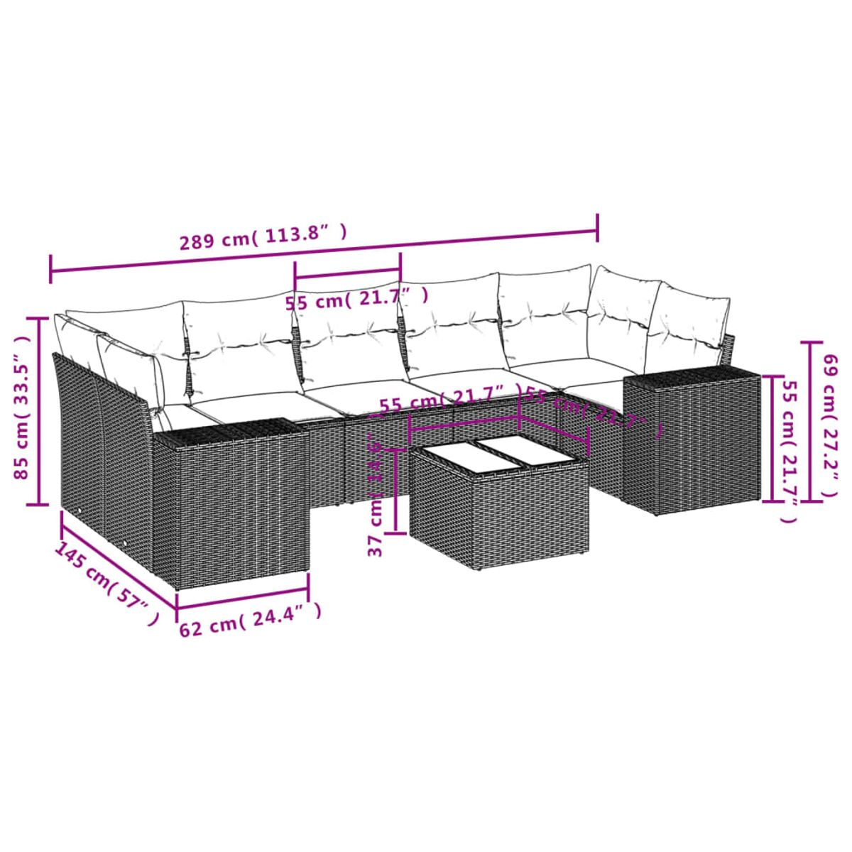 Diagramma di un divano componibile in rattan con tavolino, dimensioni in centimetri, con molti cuscini.