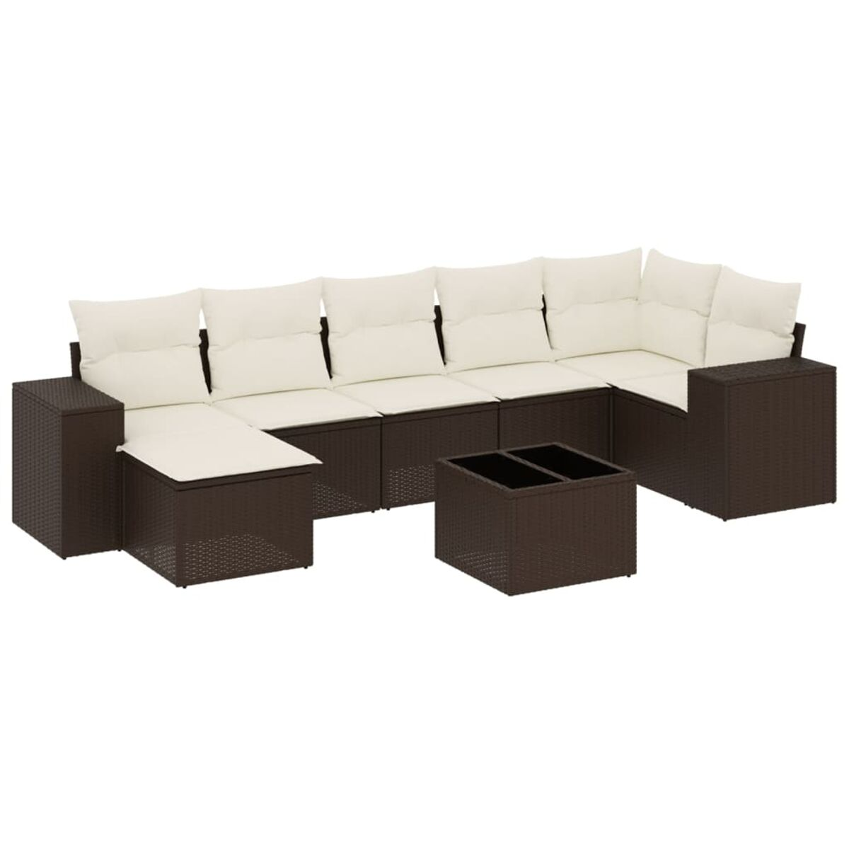 Un divano angolare in vimini marrone con cuscini color crema e un tavolino. Sfondo bianco.