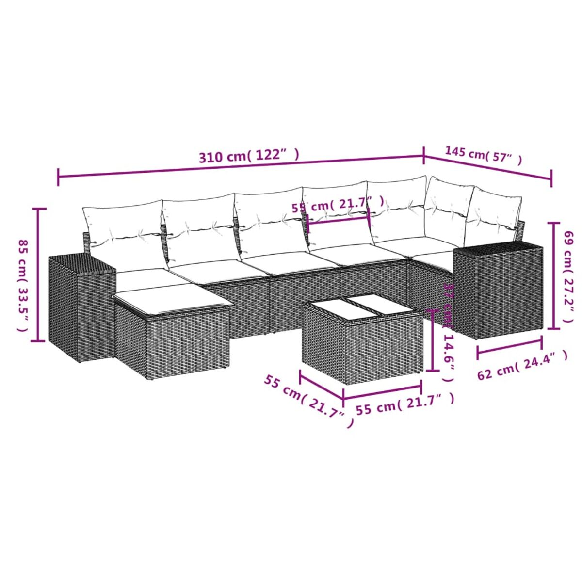 Dimensioni di un set divano da esterno in rattan con misure in centimetri e pollici.