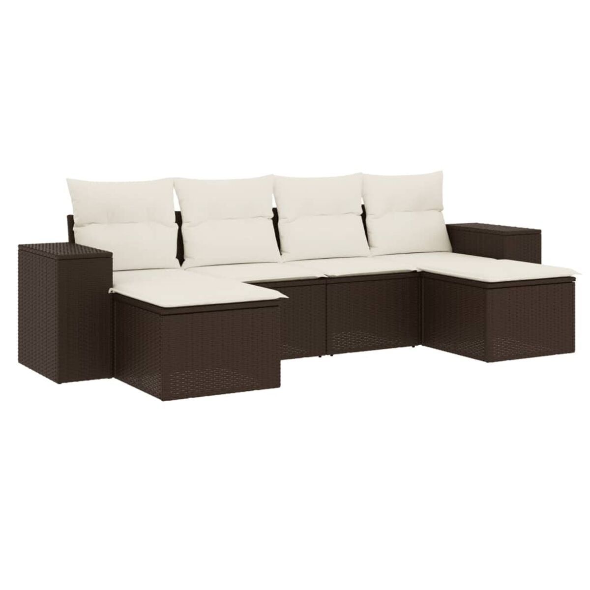 Divano angolare da esterno in vimini marrone scuro con cuscini color crema. Design modulare. A forma di U.