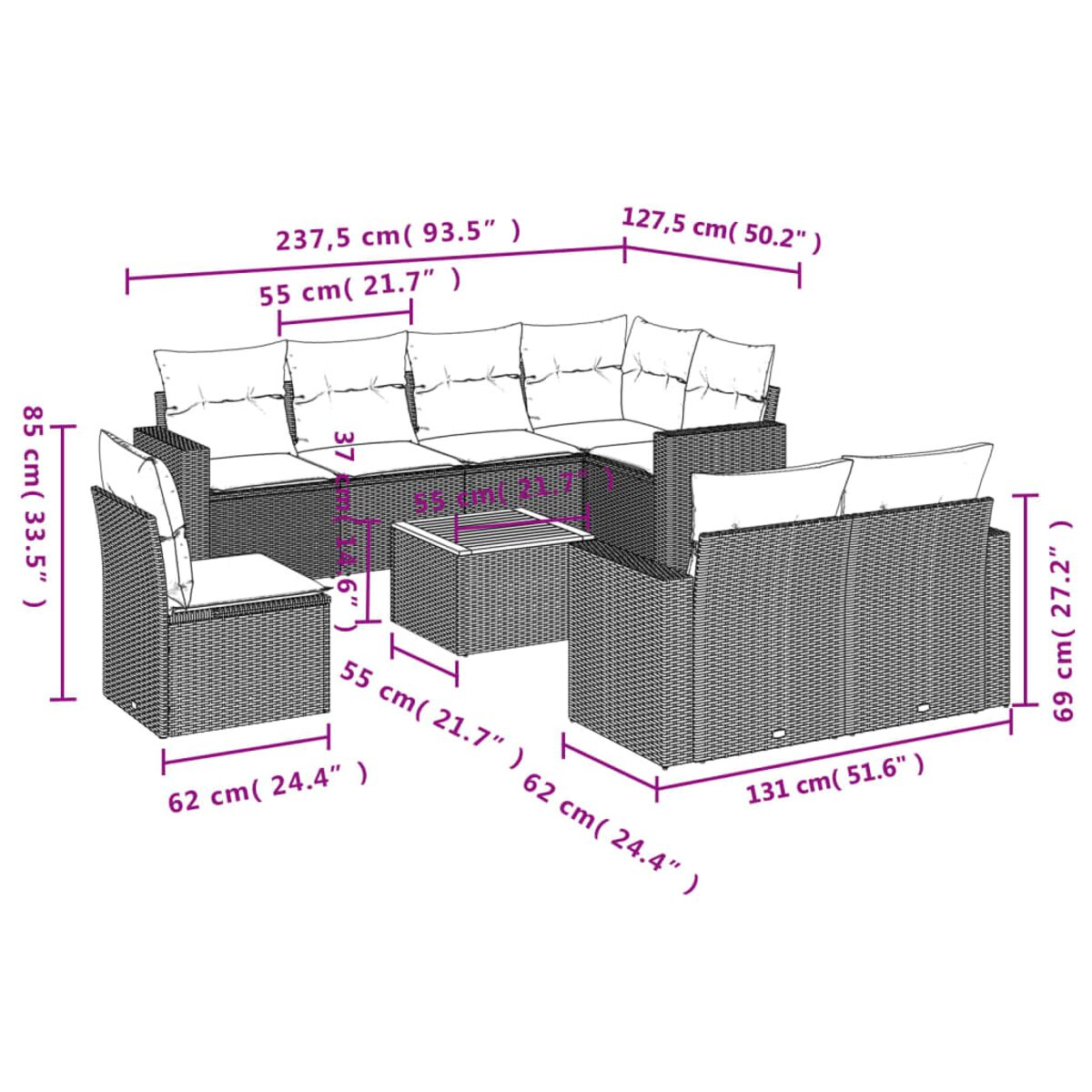 Diagramm eines L-förmigen Korbssofas und einer Ottomane mit Maßangaben in Zentimetern.