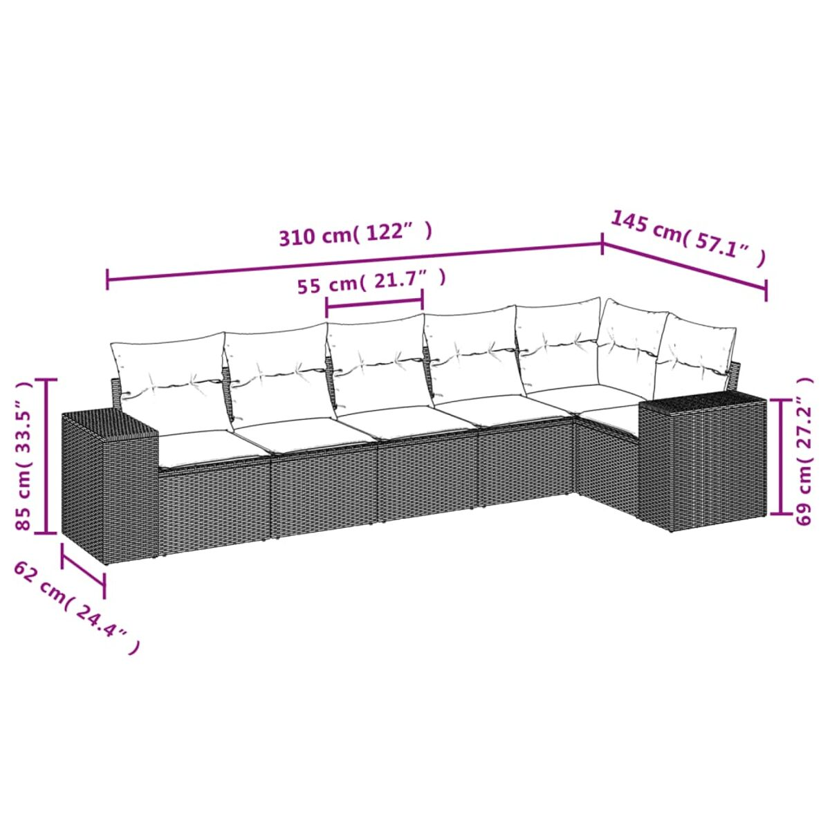 Diagramma di un grande divano componibile da esterno in rattan con dimensioni in cm e pollici.