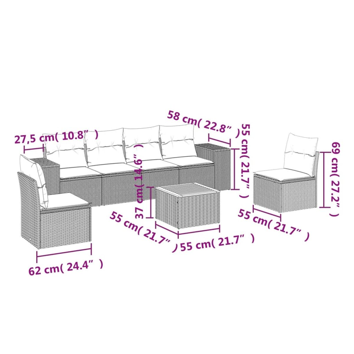 Divano componibile in vimini con cuscini, una poltrona e un tavolino. Le dimensioni sono indicate.