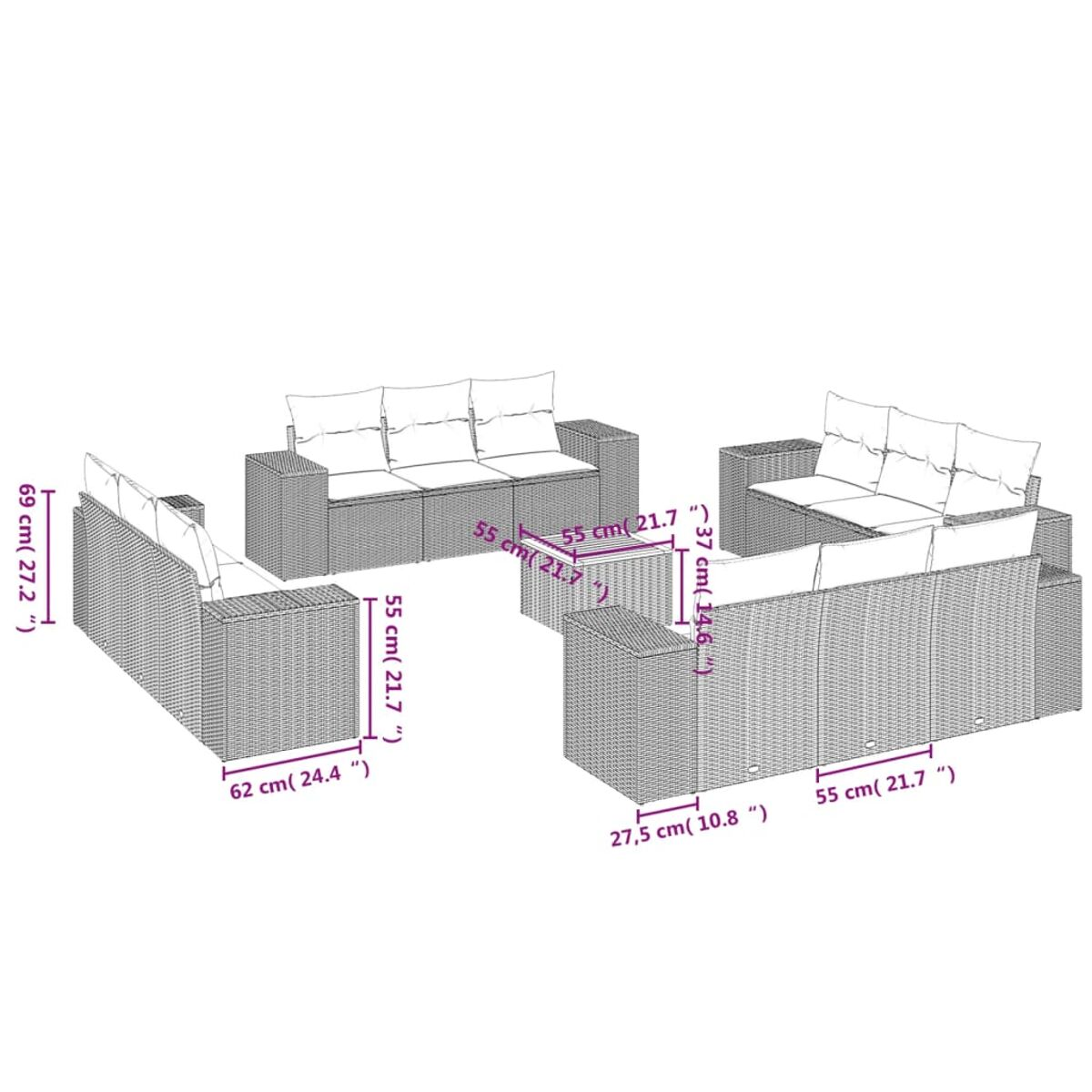Outdoor-Rattan-Sofagarnitur mit Maßangaben. Enthält Sofas und einen Couchtisch.