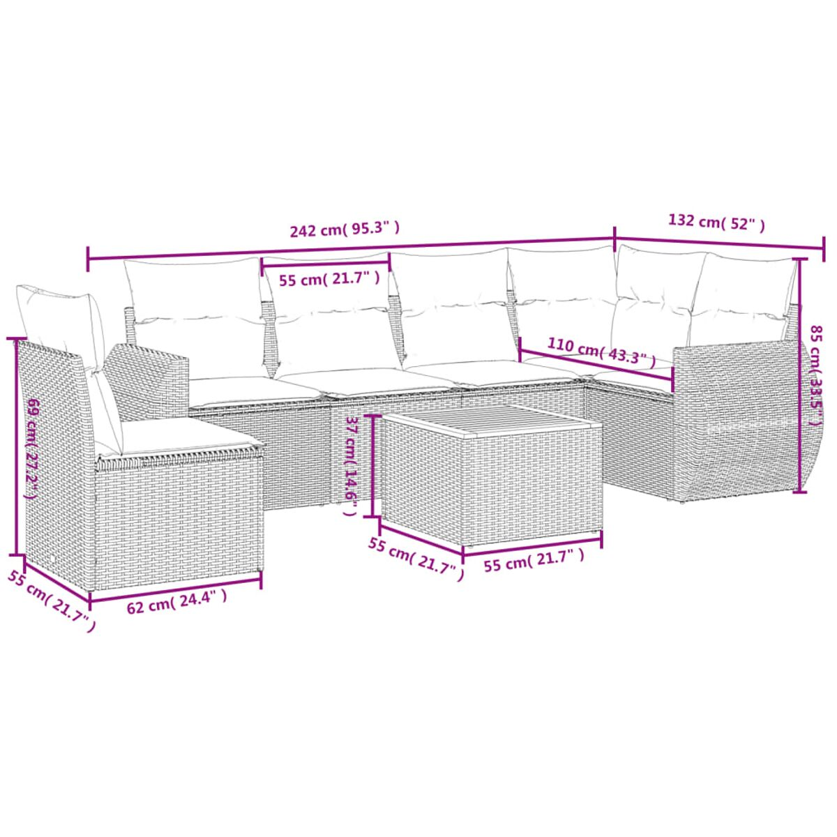Diagramm eines modularen Outdoor-Sofasets mit Abmessungen. Das Set ist aus Korbgeflecht mit cremefarbenen Kissen und einem passenden Tisch.