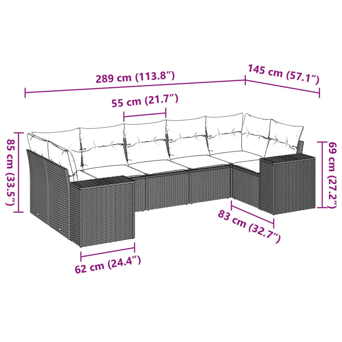 Diagramm eines Rattan-Ecksofas mit Abmessungen in Zentimetern, das ein großes Set zeigt.