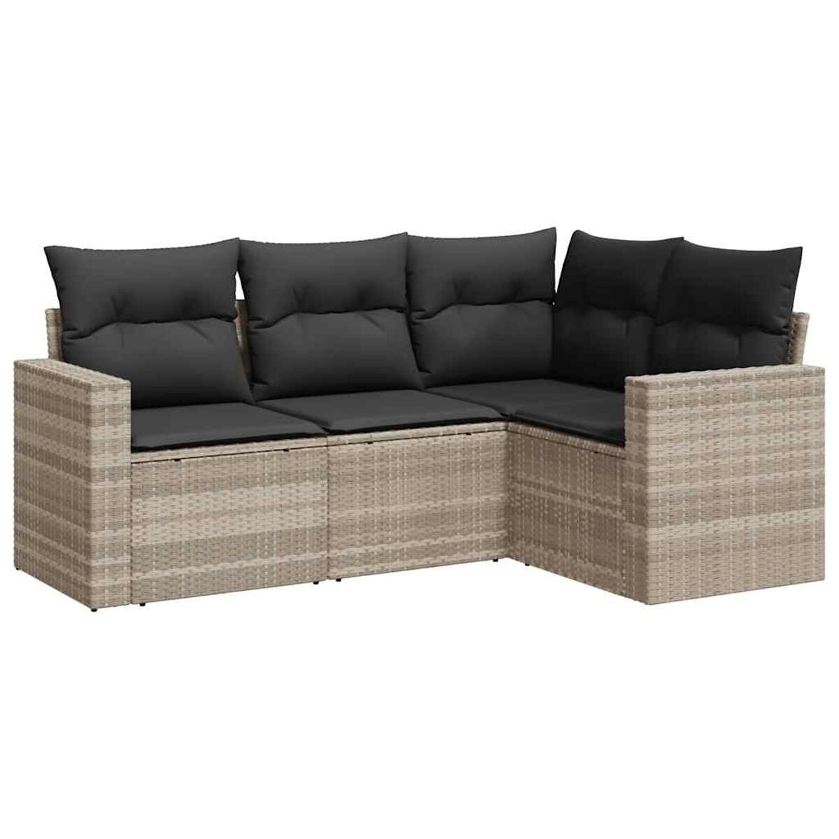 Divano componibile in vimini beige con cuscini grigi. Ha tre cuscini e un angolo.