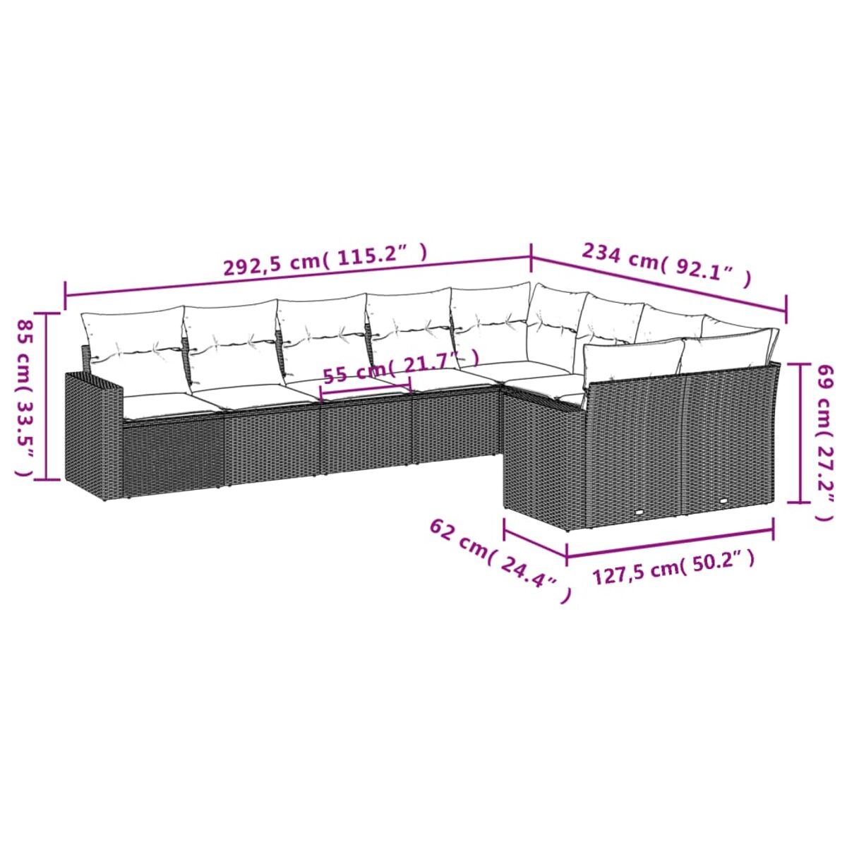 Un grande divano componibile in rattan con dimensioni in cm. Design angolare con cuscini bianchi.
