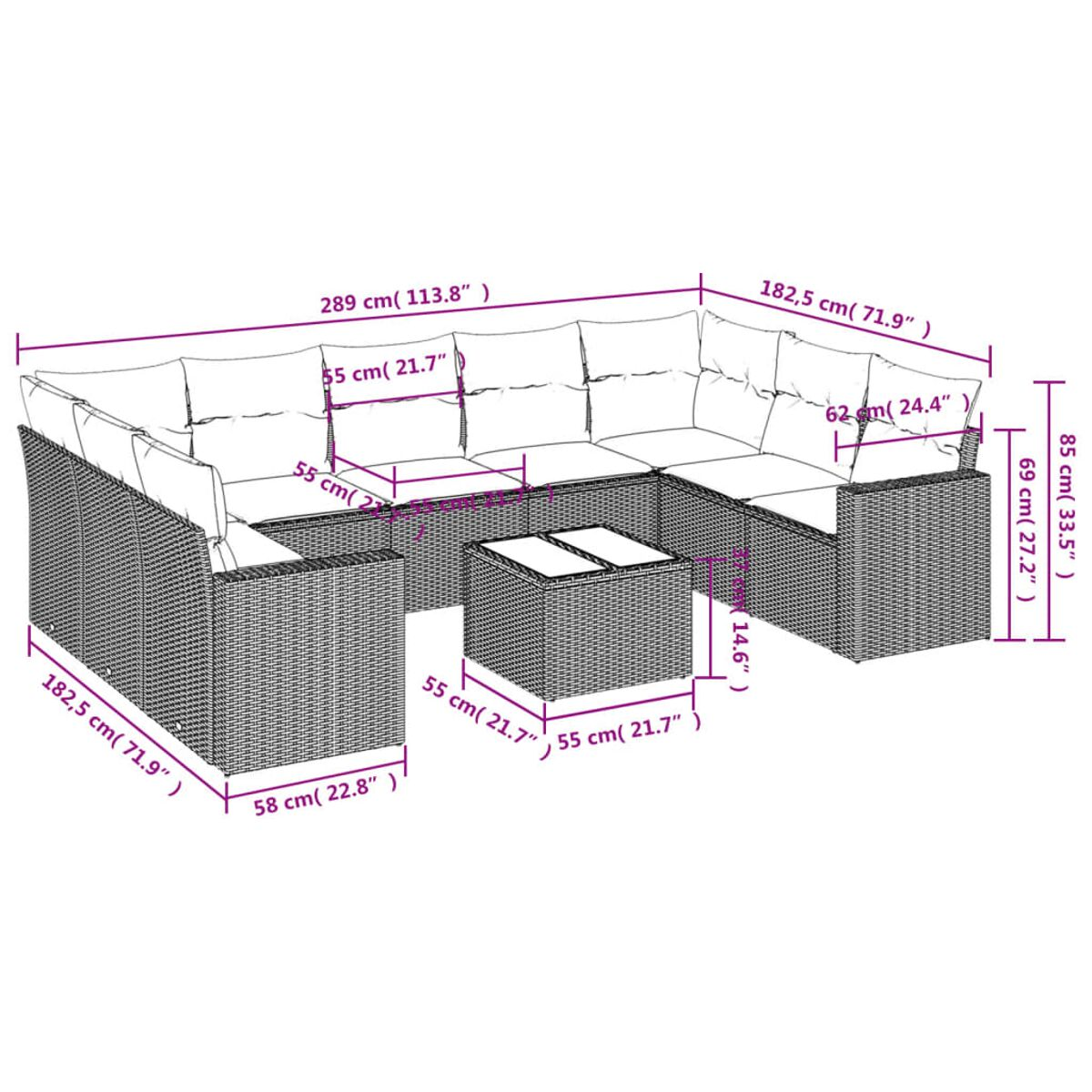 Diagramm eines Ecksofas aus Rattan mit Maßen. Das Sofa hat beige Kissen und ist modular aufgebaut.