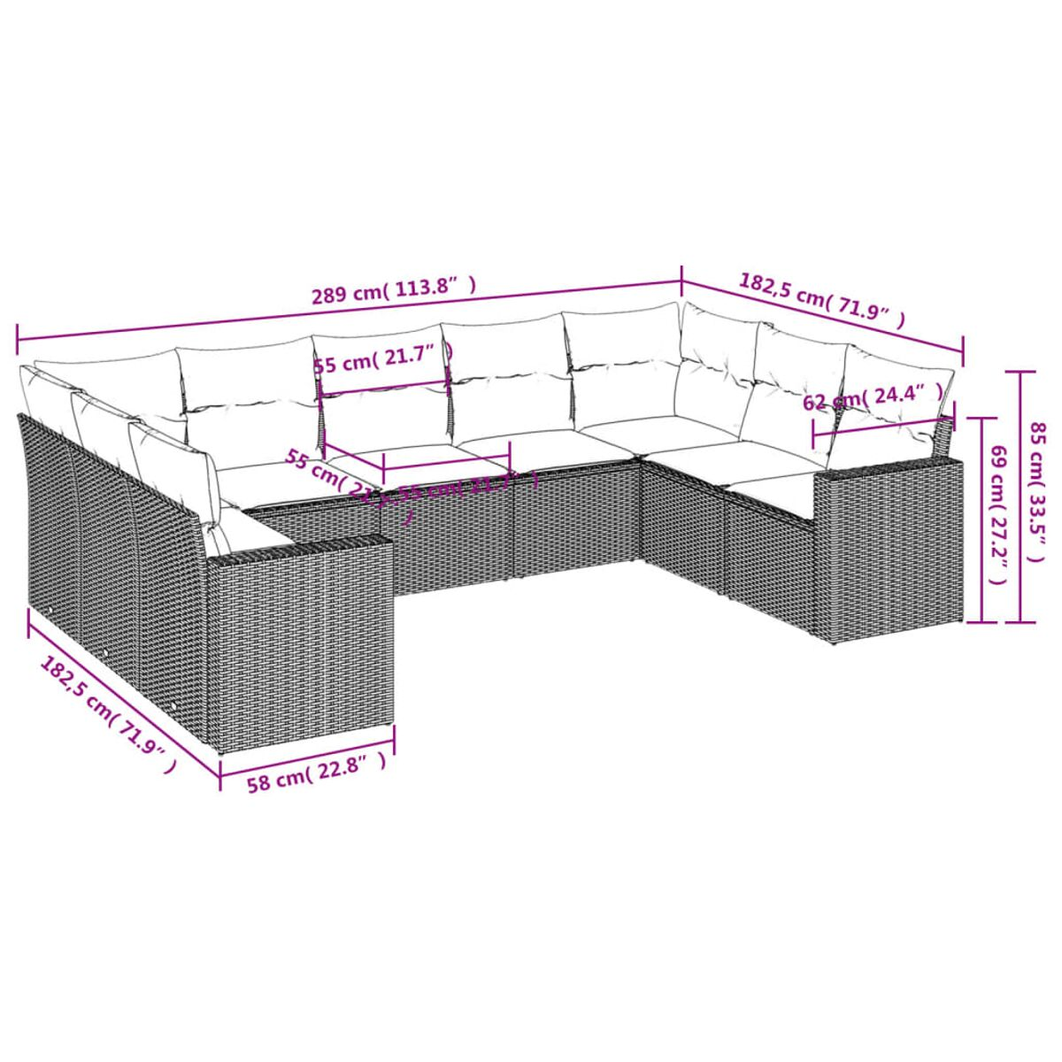 Diagramm eines Ecksofas mit Abmessungen in cm und Zoll.