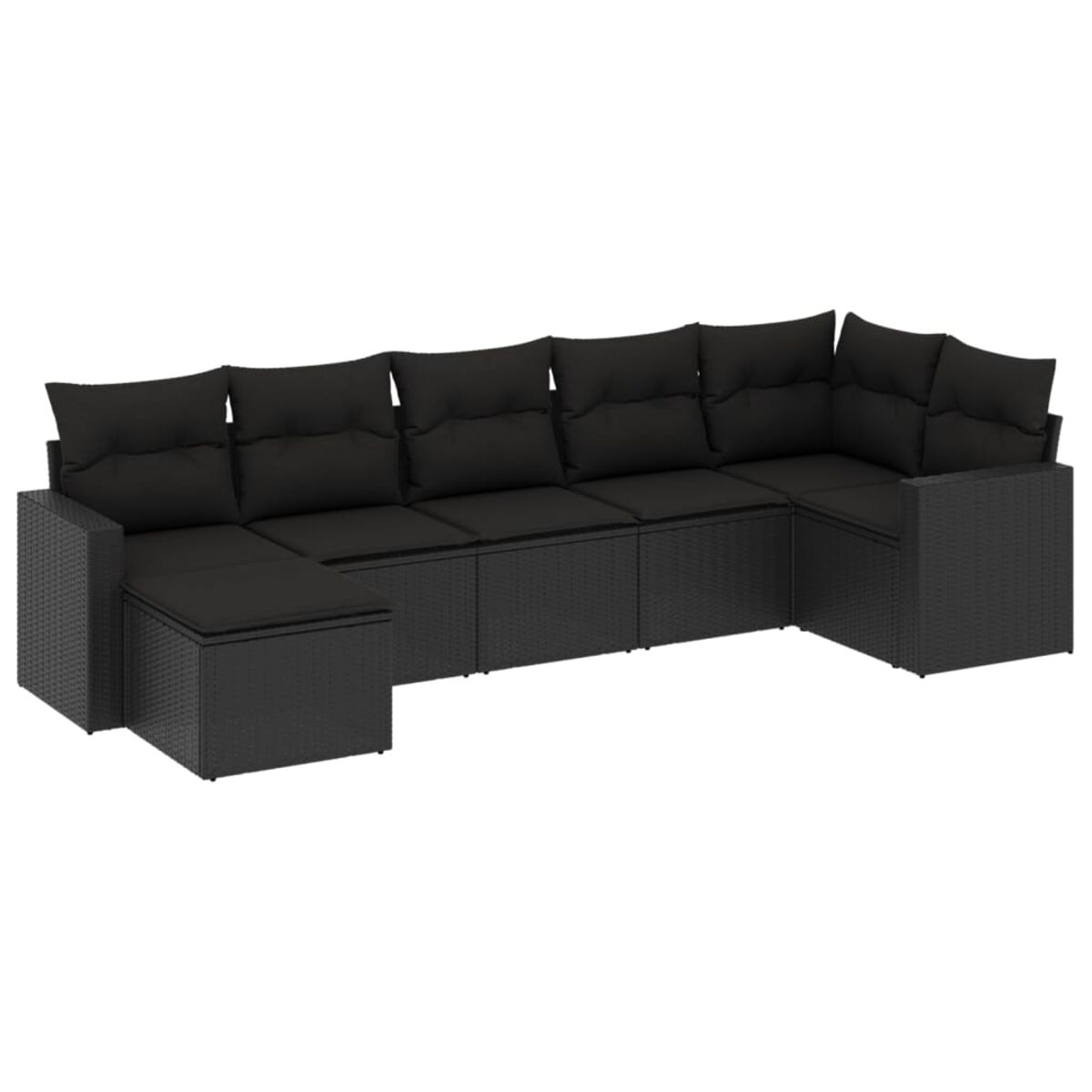 Schwarzes Rattan-Ecksofa mit schwarzen Kissen. Weißer Hintergrund.