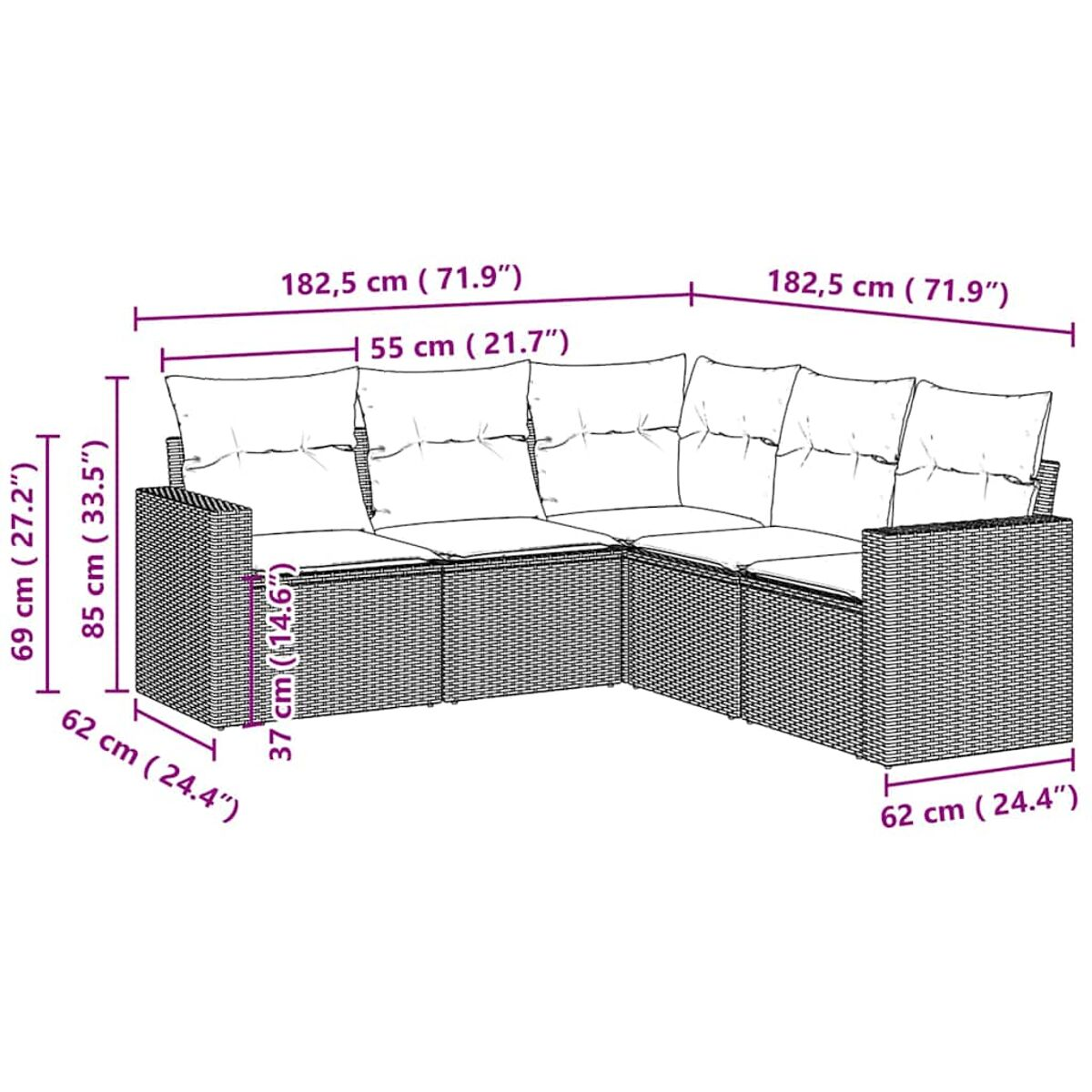 Detaillierte Ansicht eines Ecksofas für den Außenbereich mit Maßangaben. Graue Weide, weiße Kissen. Maße enthalten.