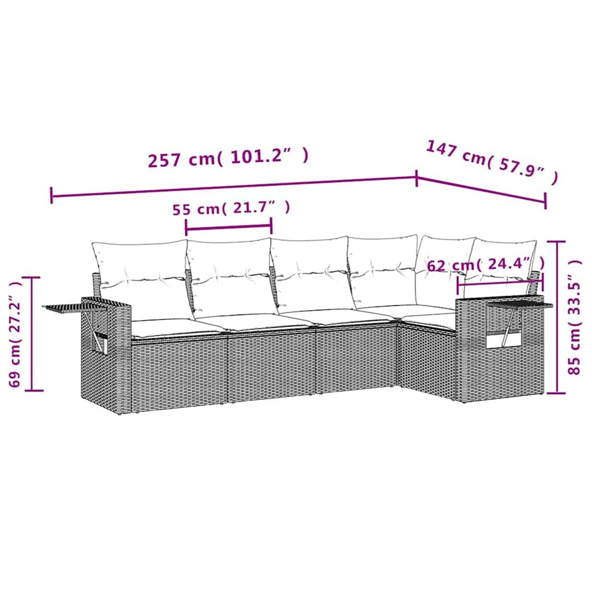 Outdoor-Wicker-Ecksofa mit Kissen, mit Maßen. Weißer Hintergrund.