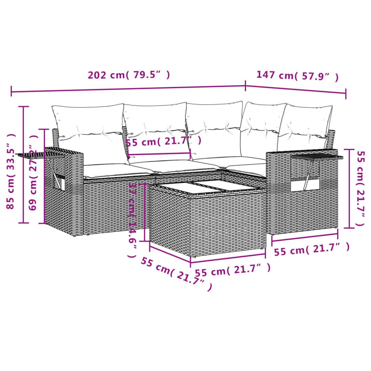 Geflochtenes Terrassenmöbel-Set mit Maßen, einschließlich L-förmigem Sofa und Tisch.