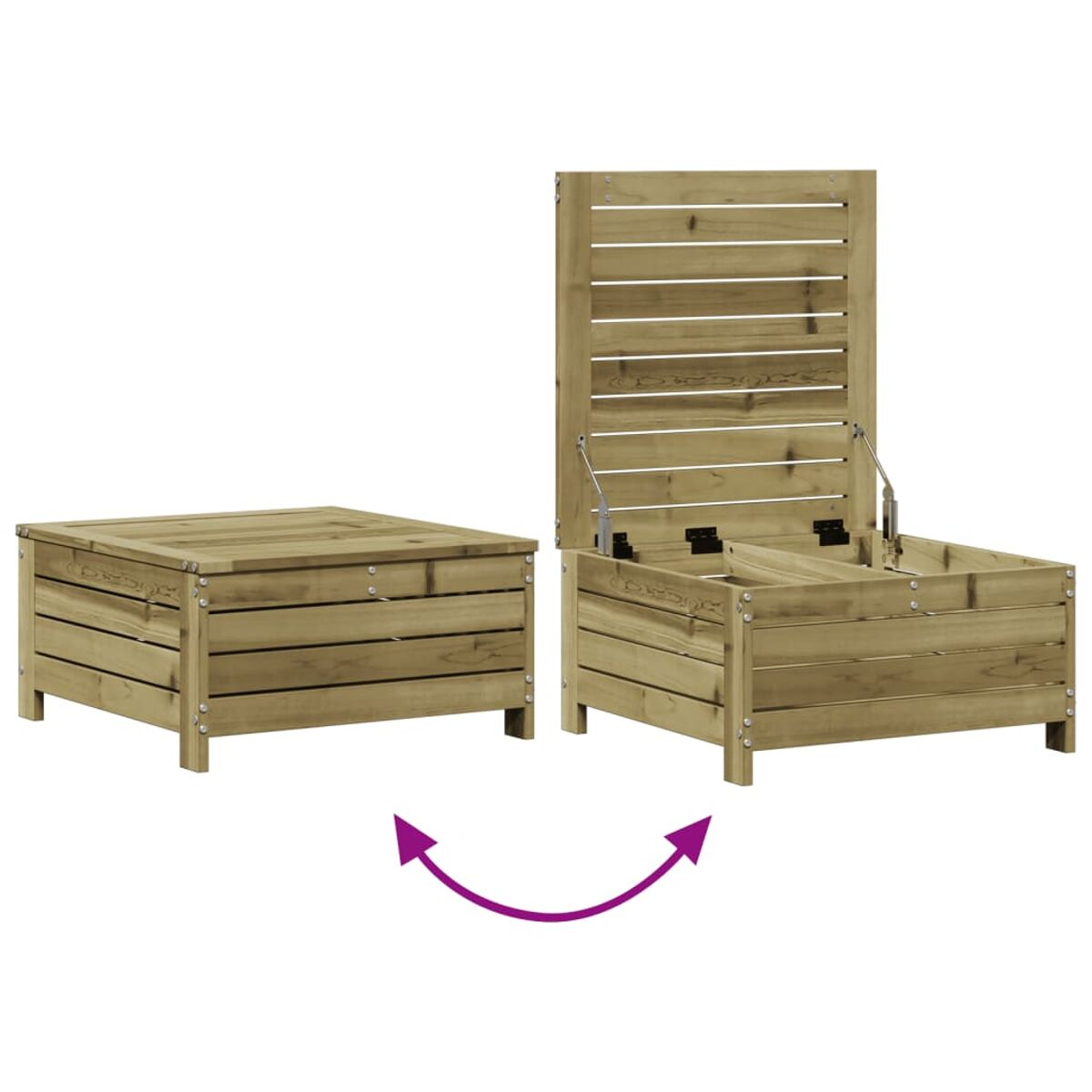 Holz-Stauraum, der sich in eine Bank verwandelt. Pfeile zeigen den Transformationsprozess.
