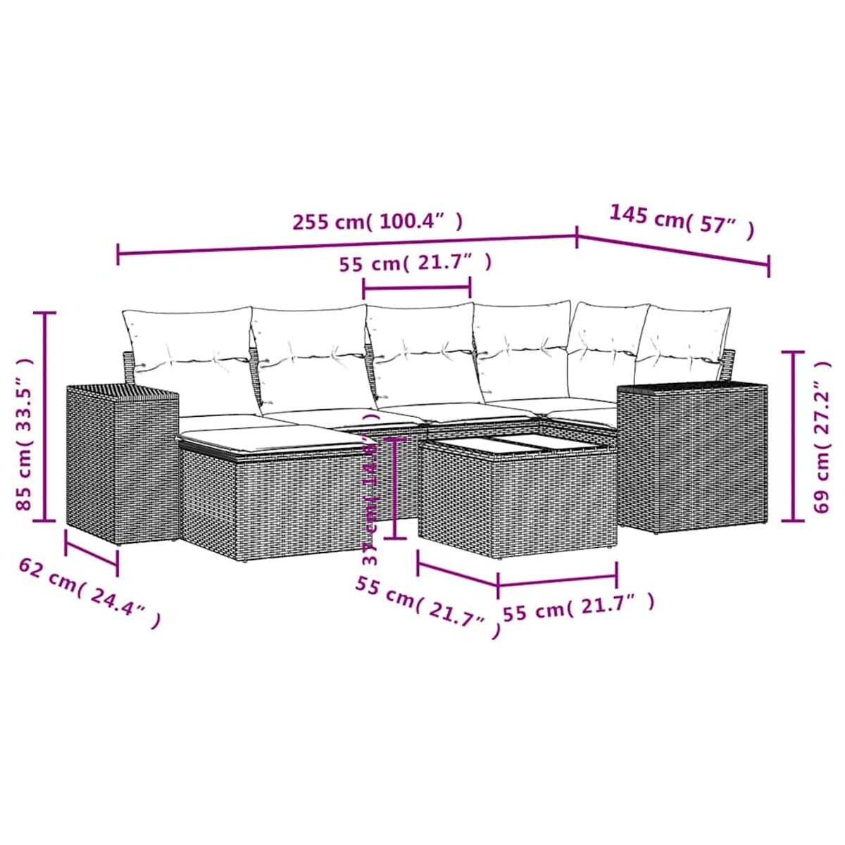 Divano componibile in rattan con dimensioni. Cuscini beige, tavolino al centro.