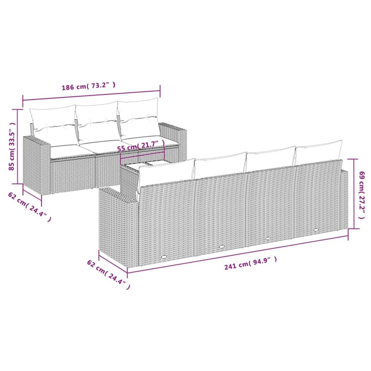 Strichzeichnung eines Outdoor-Sofas aus Korbgeflecht mit Abmessungen. Das Sofa hat drei Sitzkissen und ist 186 cm lang.