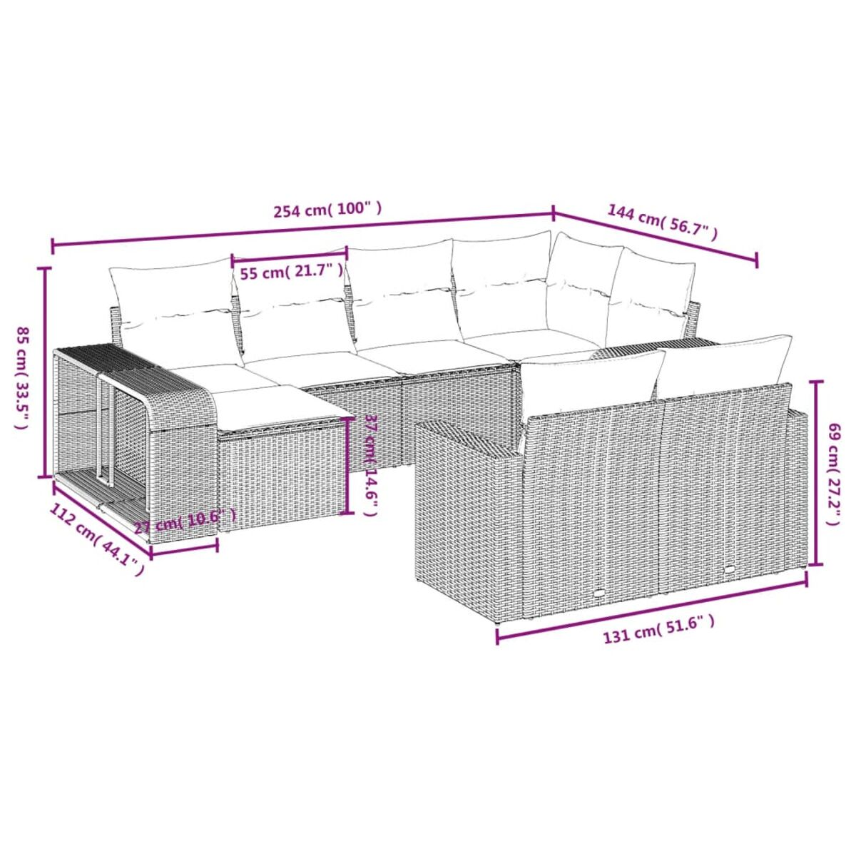 Diagramma di un divano in rattan per esterni con dimensioni in centimetri e pollici.