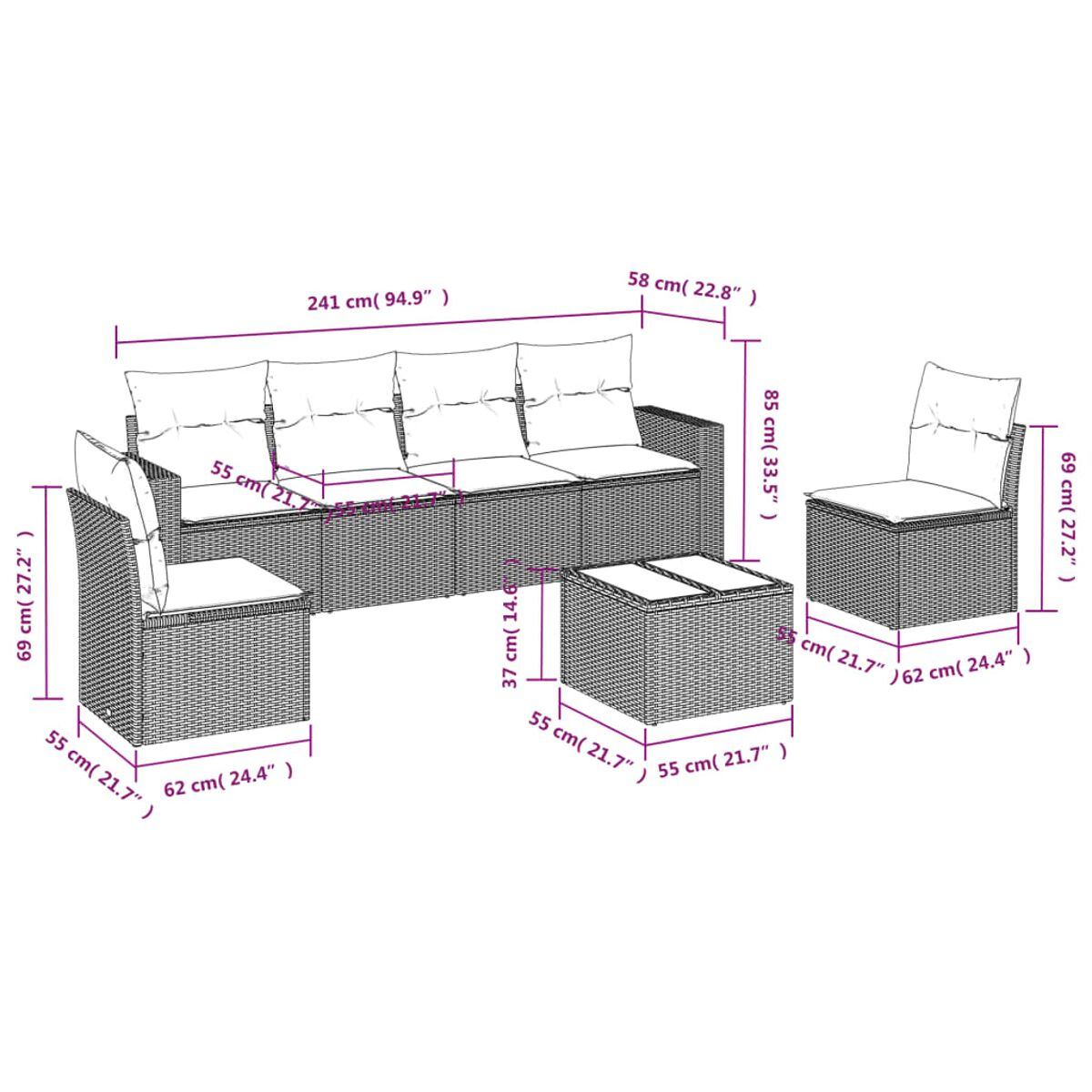 Dimensioni di un set di divani in vimini, con misure in centimetri e pollici.