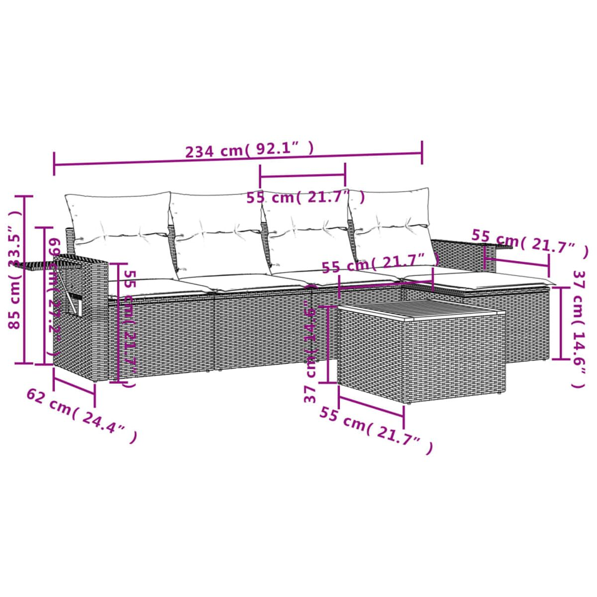 Diagramm eines Ecksofas mit Abmessungen: 234 cm lang, 85 cm hoch, 62 cm breit, 55 cm tief und 37 cm hoch.