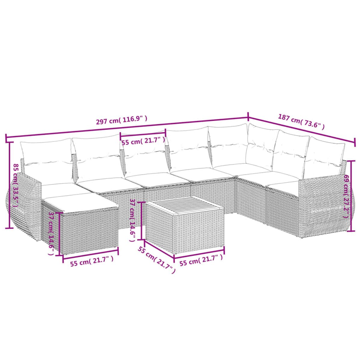 Rattansofa und Tisch, mit Maßangaben. Beige Kissen. Graues Korbgeflecht.