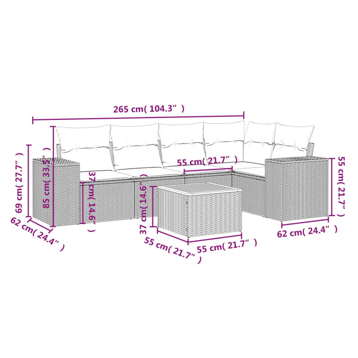 Diagramm eines Outdoor-Wicker-Sofasets mit Abmessungen. Es ist grau und weiß mit Kissen und einem Tisch.