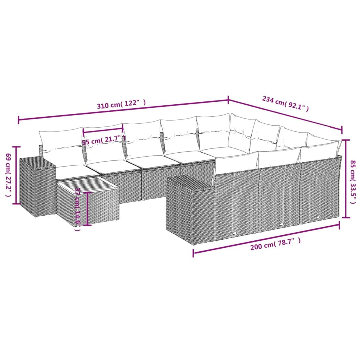 Isometrische Ansicht eines Rattan-Sofasets mit Maßen. Weiße Kissen, Maße in cm.