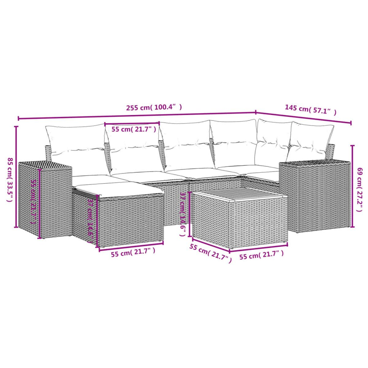 Diagramm eines schwarzen Outdoor-Ecksofas aus Korbgeflecht mit Maßen in Zentimetern und Zoll.