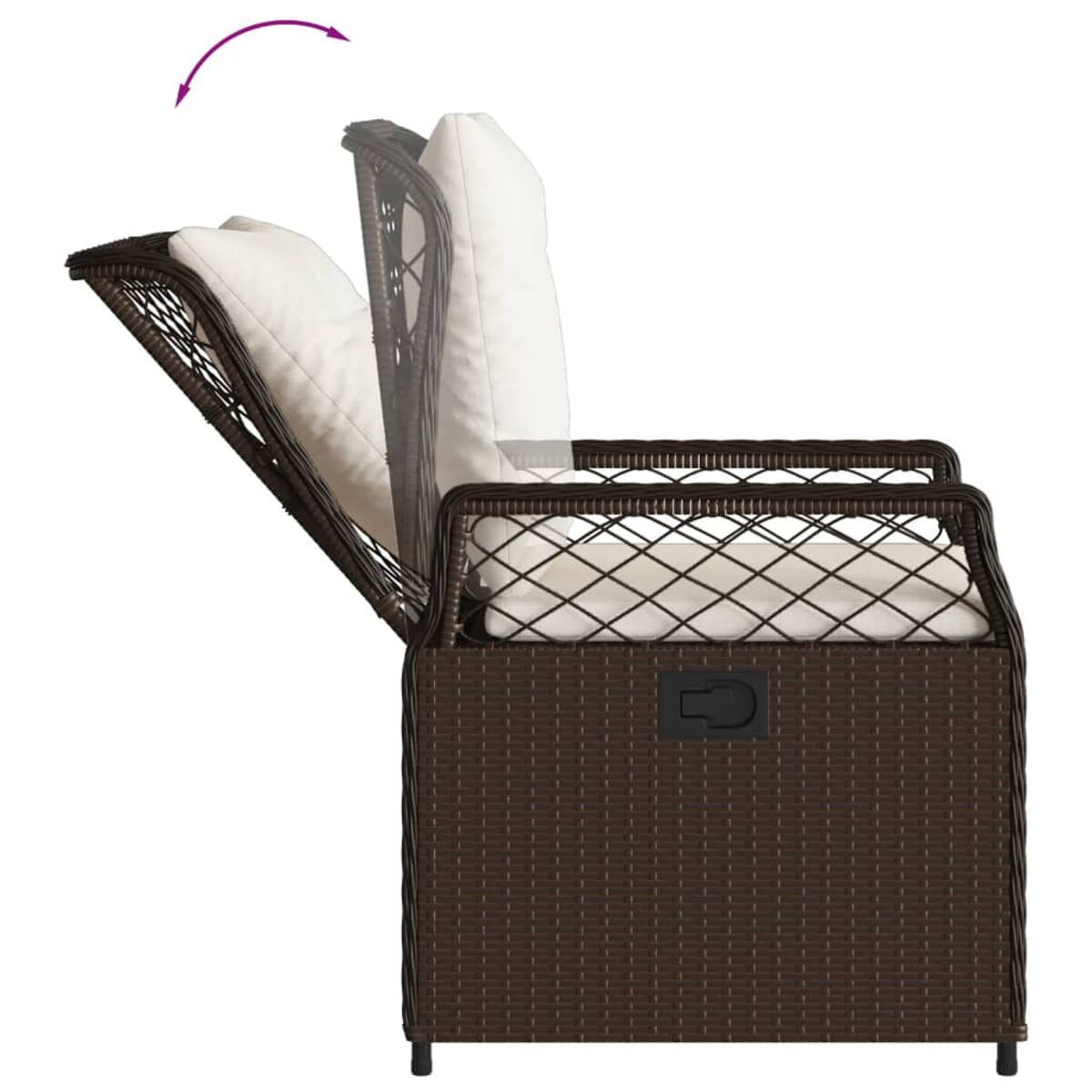 Sedia in vimini marrone con schienale sollevabile, cuscino bianco e maniglia nera.
