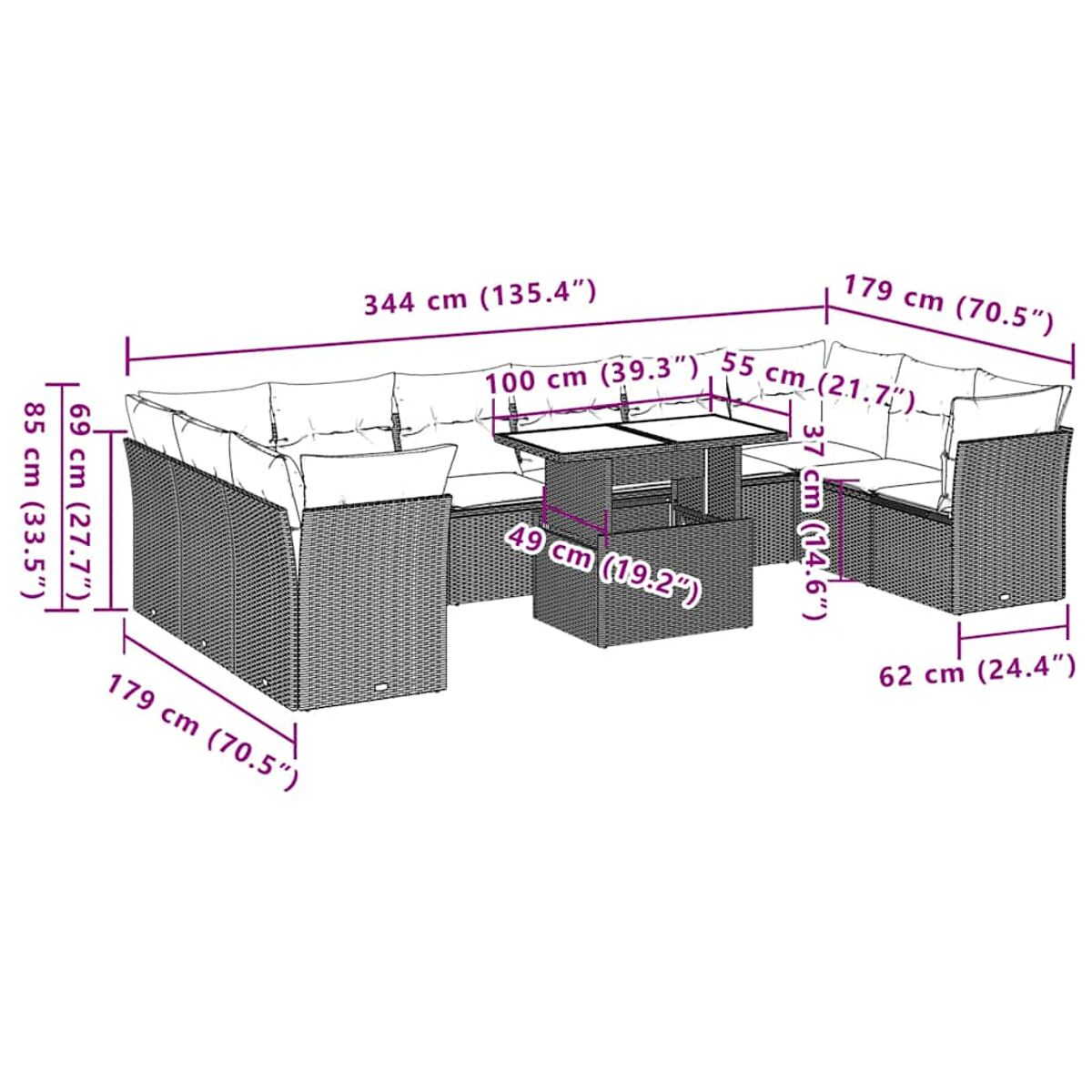Diagramm eines Outdoor-Sofasets mit Abmessungen in cm und Zoll.