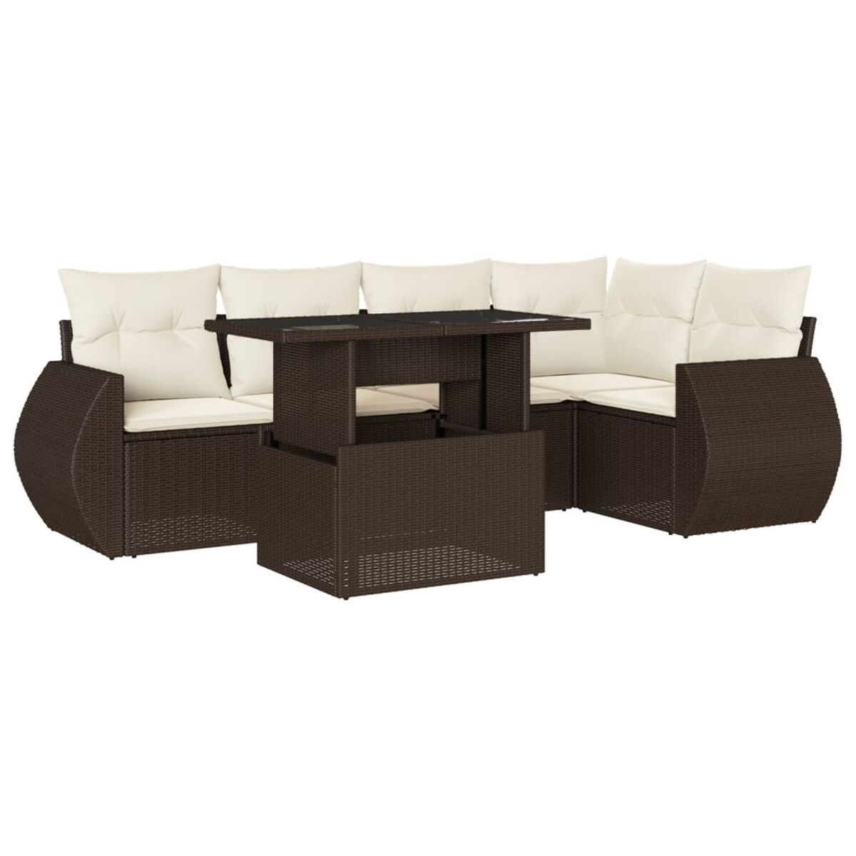 Divano angolare a forma di U in vimini marrone scuro. Cuscini color crema. Tavolo sollevabile. Moderno.