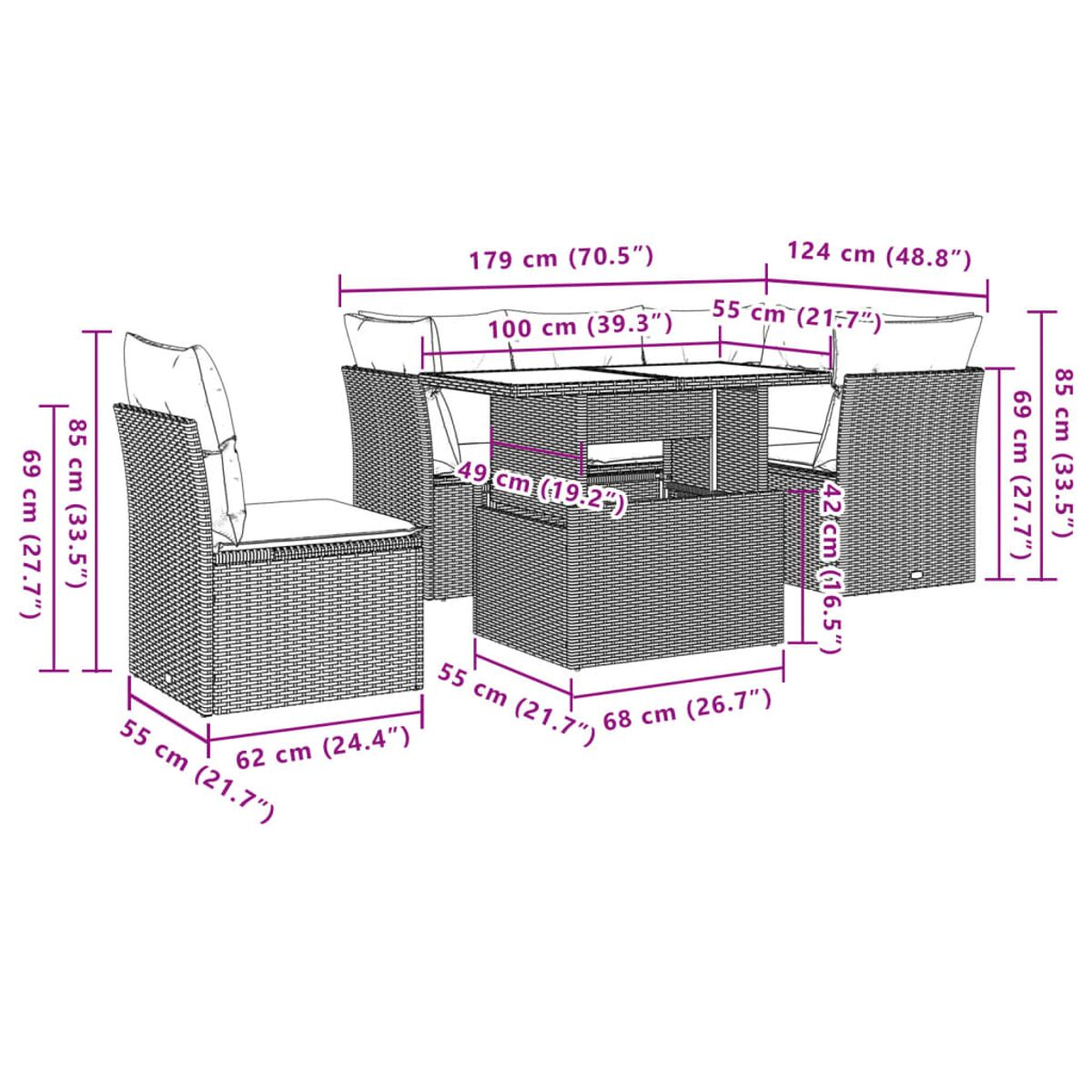 Outdoor-Sofa mit Tisch und Stühlen. Maße sind angegeben. Weiße Vorhänge und Grün im Hintergrund.