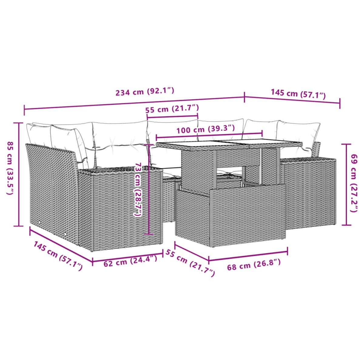 Diagramma di divano componibile in vimini da esterno con dimensioni in cm e pollici. Sfondo bianco.