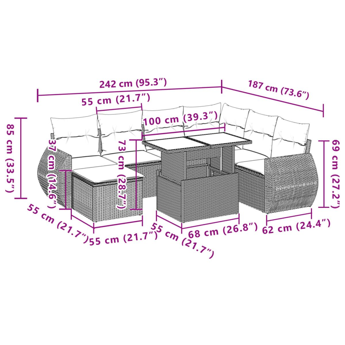 Diagramm eines Ecksofas mit Abmessungen in Zentimetern und Zoll. Es hat graue Kissen und Weide.