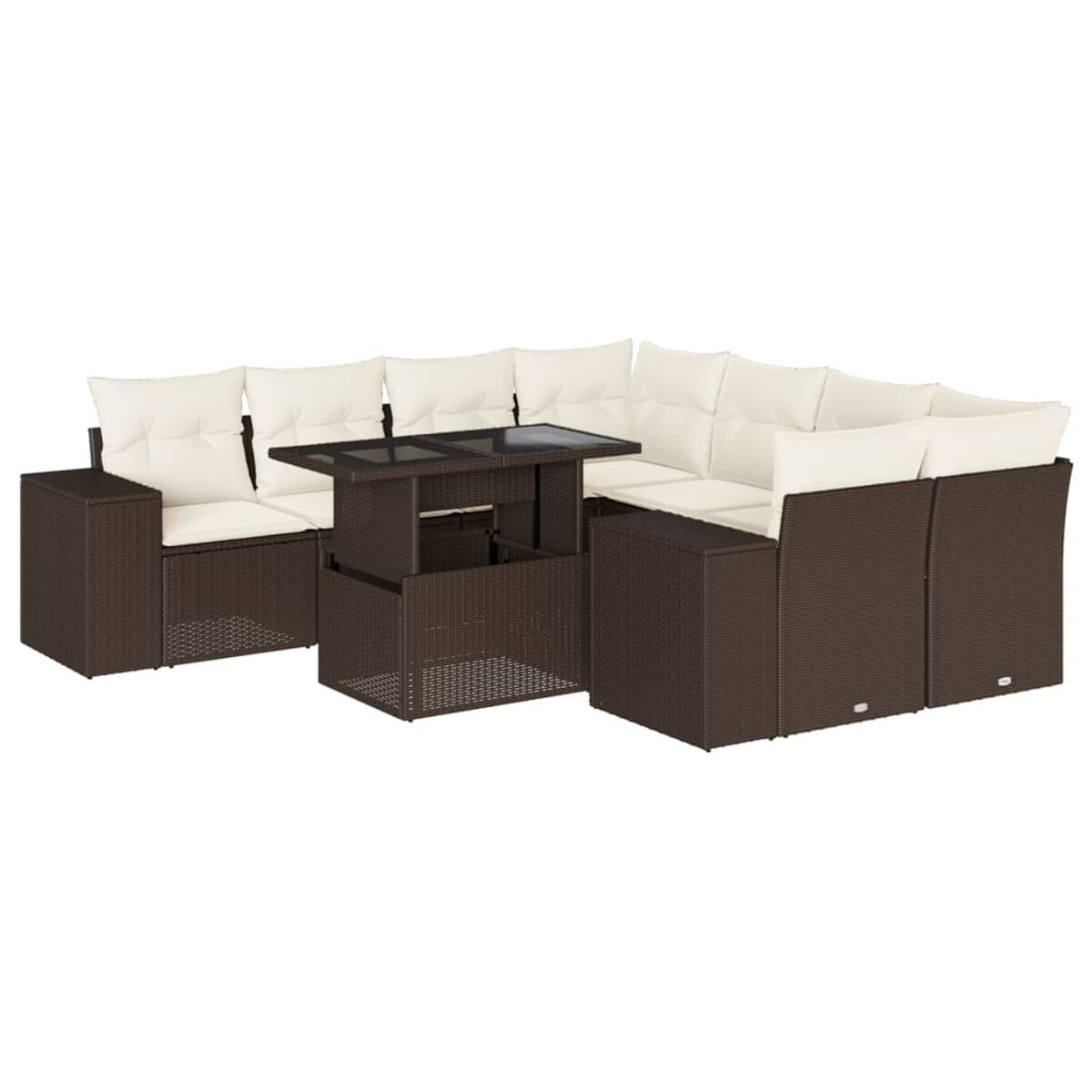 Divano angolare in rattan marrone scuro con cuscini bianchi e tavolino lift-top.